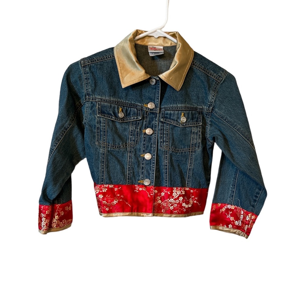 VTG Disney Store girls med Mulan Asian inspired jean jacket gem embellish satin